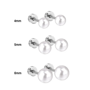 3Pairs/Lot Pearl Stud Earrings Stainless Steel Screw Back Wedding 4/5/6mm