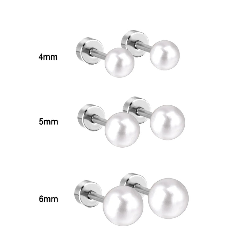 3Pairs/Lot Pearl Stud Earrings Stainless Steel Screw Back Wedding 4/5/6mm
