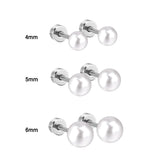 3Pairs/Lot Pearl Stud Earrings Stainless Steel Screw Back Wedding 4/5/6mm