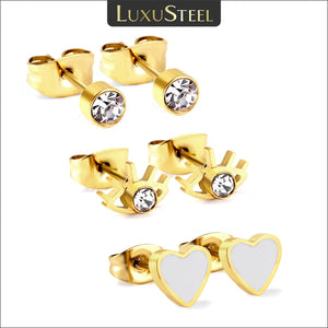 3 Pairs/Set Stud Earrings Stainless Steel CZ Zircon Evil Eyes Crystal Heart