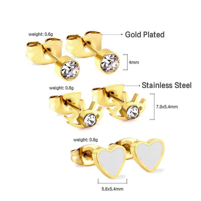 3 Pairs/Set Stud Earrings Stainless Steel CZ Zircon Evil Eyes Crystal Heart