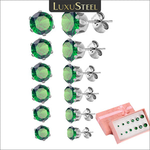 6 Pairs Green Zircon Crystal Stud Earrings Set