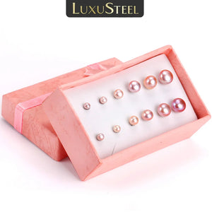 6pairs Pink/White Pearl Stud Earrings Stainless Steel Set
