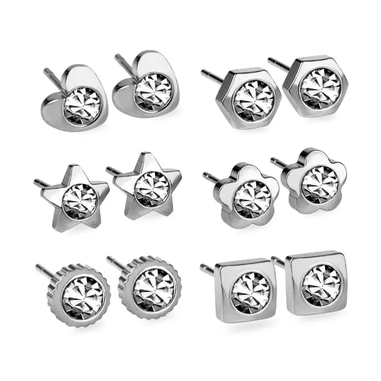 6pairs Stainless Steel Earring Sets Zirconia Nickel-free Stud Earrings