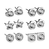 6pairs Stainless Steel Earring Sets Zirconia Nickel-free Stud Earrings