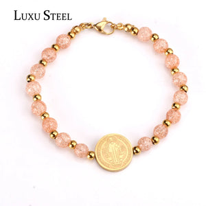 Pink Crystal Beaded Bracelets Stainless Steel Pendants Accessories