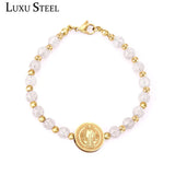 Crystal Beaded Bracelets Stainless Steel Round Pendants