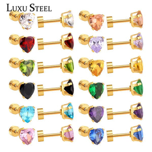Colorful Heart Stud Earrings Stainless Steel 12 Pairs Brinco Jewelry