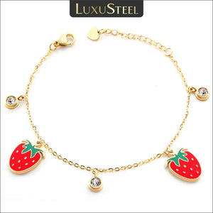 Baby Girl Strawberry & Round CZ Chains Bracelets Stainless Steel Bangles