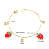 Baby Girl Strawberry & Round CZ Chains Bracelets Stainless Steel Bangles