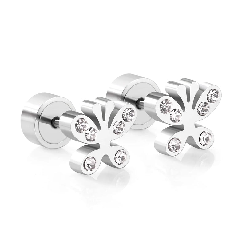 CZ Butterfly Earrings For Girls Baby Silver Stainless Steel Crystal