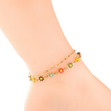 Double Chain Daisy Flower Charm Anklet Stainless Steel Beach Accessory