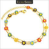 Double Chain Daisy Flower Charm Anklet Stainless Steel Beach Accessory