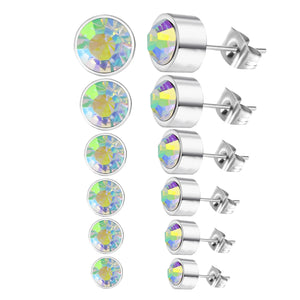 6Pairs Round Cubic Zirconia Earring Set, Stainless Steel, Christmas Gift