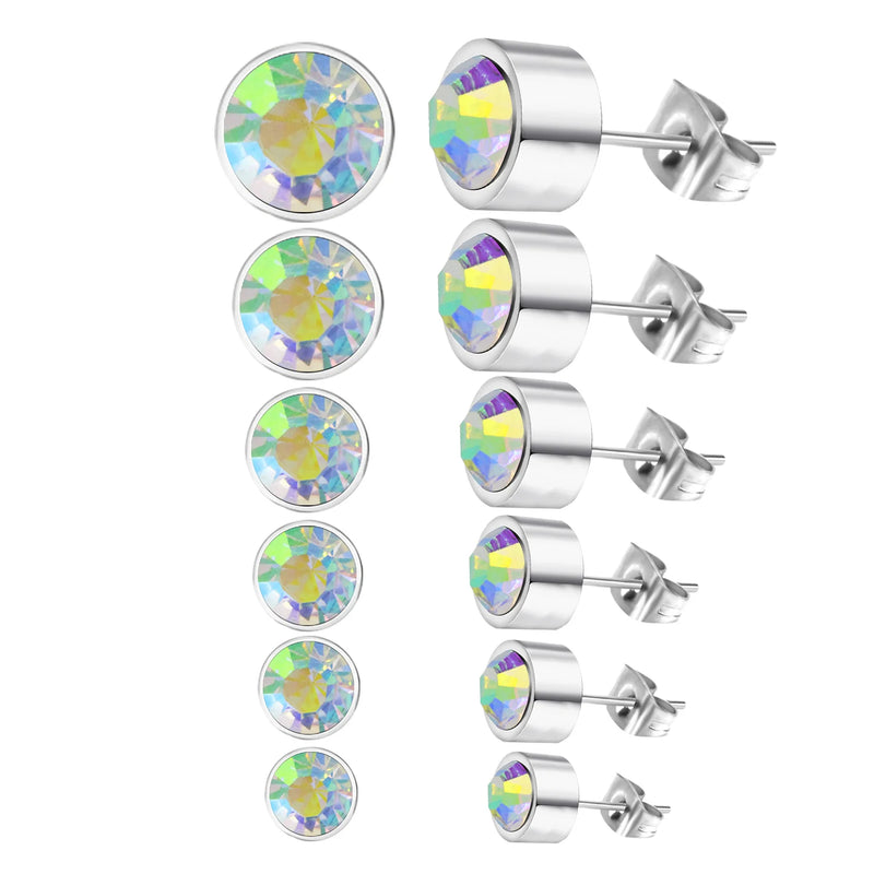 6Pairs Round Cubic Zirconia Earring Set, Stainless Steel, Christmas Gift