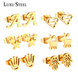 6 Pairs Women/Girl Stud Earring Sets - Letter/Star/Hand/Animals Shape