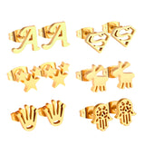 6 Pairs Women/Girl Stud Earring Sets - Letter/Star/Hand/Animals Shape