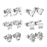 6 Pairs Women/Girl Stud Earring Sets - Letter/Star/Hand/Animals Shape