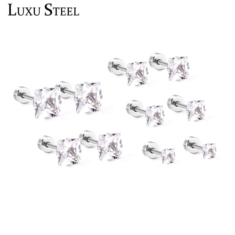 Stainless Steel CZ Square Earrings Set for Women