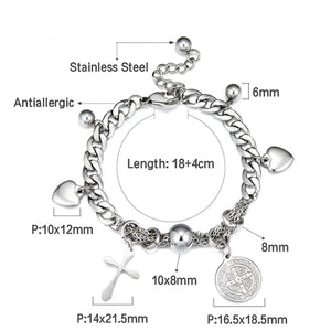 Heart Beaded Charm Bracelet Silver Stainless Steel Cuban Chain Wristband