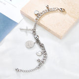 Heart Beaded Charm Bracelet Silver Stainless Steel Cuban Chain Wristband