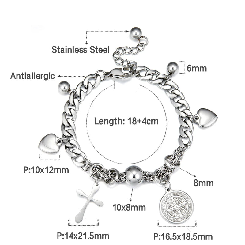 Heart Beaded Charm Bracelet Silver Stainless Steel Cuban Chain Wristband