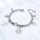 Heart Beaded Charm Bracelet Silver Stainless Steel Cuban Chain Wristband