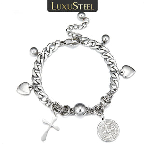 Heart Beaded Charm Bracelet Silver Stainless Steel Cuban Chain Wristband