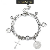 Heart Beaded Charm Bracelet Silver Stainless Steel Cuban Chain Wristband