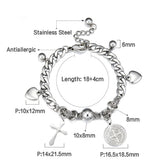 Heart Beaded Charm Bracelet Silver Stainless Steel Cuban Chain Wristband