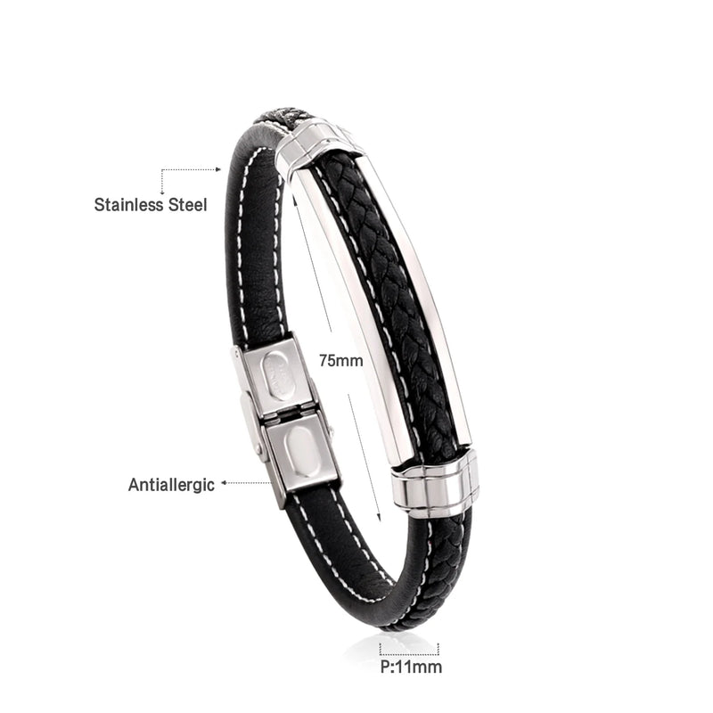 Leather Bracelet Men Stainless Steel Metal Buckle Retro Bangles