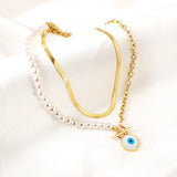 Shell Evil Eye Pendant Necklace Snake Pearl Double Chain Women Stainless Steel