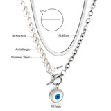 Shell Evil Eye Pendant Necklace Snake Pearl Double Chain Women Stainless Steel