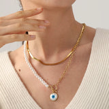 Shell Evil Eye Pendant Necklace Snake Pearl Double Chain Women Stainless Steel