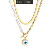 Shell Evil Eye Pendant Necklace Snake Pearl Double Chain Women Stainless Steel