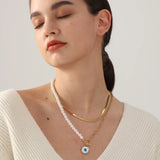 Shell Evil Eye Pendant Necklace Snake Pearl Double Chain Women Stainless Steel