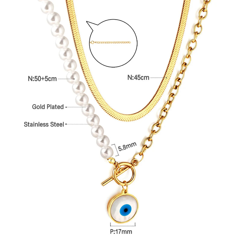 Shell Evil Eye Pendant Necklace Snake Pearl Double Chain Women Stainless Steel