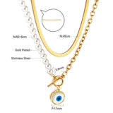 Shell Evil Eye Pendant Necklace Snake Pearl Double Chain Women Stainless Steel