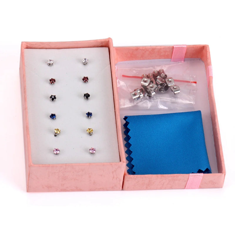 6Pairs Stainless Steel Stud Earrings Sets Colorful Zirconia Earring for Women