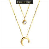 Double Layer Chain CZ Crystal Moon Pendant Necklace
