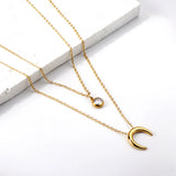 Double Layer Chain CZ Crystal Moon Pendant Necklace