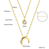 Double Layer Chain CZ Crystal Moon Pendant Necklace