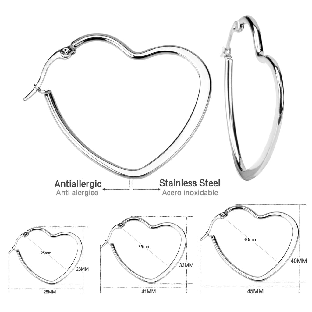 Heart Hoop Earrings Women 25mm 30mm 35mm Stainless Steel Jewelry