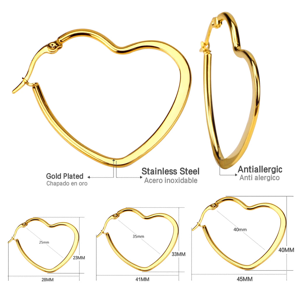 Heart Hoop Earrings Women 25mm 30mm 35mm Stainless Steel Jewelry