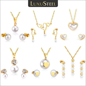 Heart Charm Pearl Pendant Set Stainless Steel