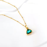 Green Zircon Crystal Pendant Necklace Stainless Steel Geometric Square Charm