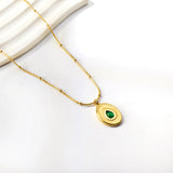 Green Zircon Crystal Pendant Necklace Stainless Steel Geometric Square Charm
