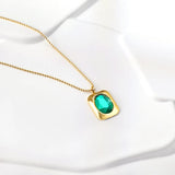 Green Zircon Crystal Pendant Necklace Stainless Steel Geometric Square Charm