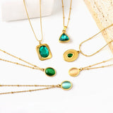 Green Zircon Crystal Pendant Necklace Stainless Steel Geometric Square Charm