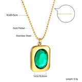 Green Zircon Crystal Pendant Necklace Stainless Steel Geometric Square Charm
